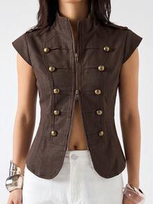 LYSMO 2026 Nueva chaqueta vintage minimalista de cuello alto para primavera/verano, adecuada para ir al trabajo - Marrón - Ver 7