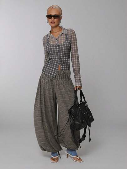 COUREZ Shirred Waistband Parachute Trousers In Check /Y2K Baggy Pants Y2K Fall Outfits Pants For Women