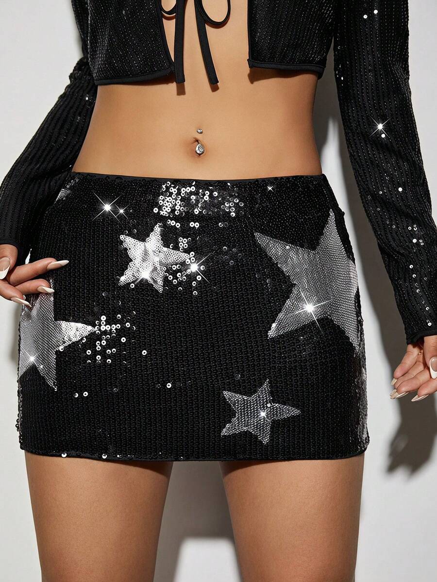 SHEIN ICON Women's Star Pattern Sequin Bodycon Skirt,Black And Silver 70s Mini Skirts For Night Out,Party,Winter,Music Festival Rave Ladies Zipper Drop Waist - Black - View 1