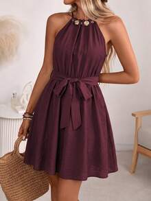 Wandoria Women's Spring/Summer French Elegant Luxury Minimalist High-End Design Casual Bohemian Vacation Office Commute Old Money Style Comfortable Solid Color Faux Linen Fabric Ruched Neckline Beaded Decoration Elastic Waist Self-Fabric Belt Cinched Waist A-Line Spaghetti Strap Tie Strap Pocket Short Dress - Burgundy - View 4