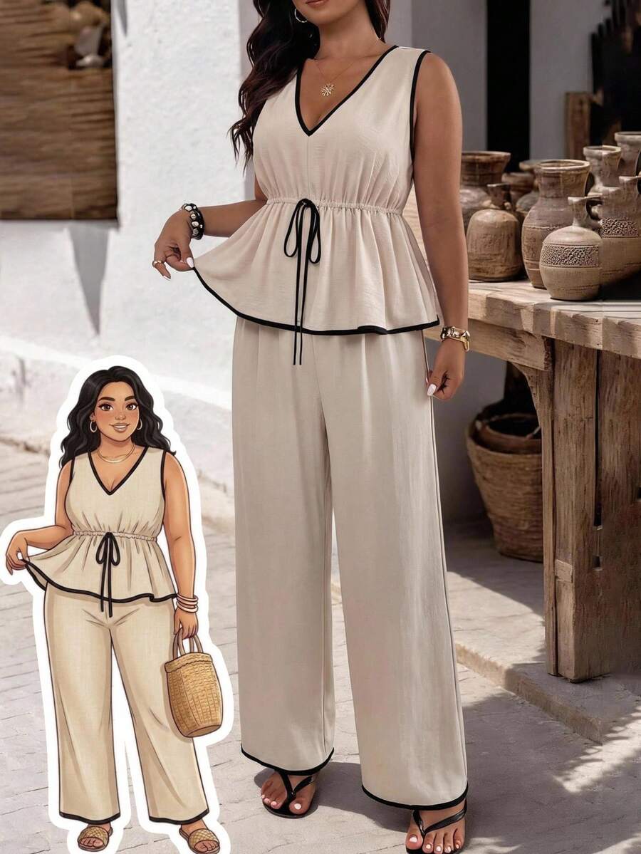SHEIN Frenchy 大尺碼休閒度假條紋無袖A字娃娃洋裝襯衫與直筒休閒長褲2件套
