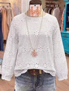 Linhara Plus-Size Women's Simple Cutout Embroidered Plain Top Fall - White - View 3
