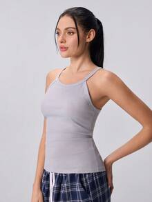 Loungeista Women's Grey Ribbed Sleeveless Racerback Tank Top, Fitted Soft Spring/Summer Casual Everyday Wear - Grey - View 4