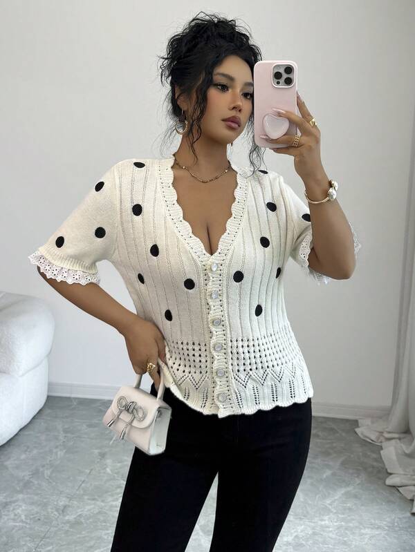 Elenzga Damen Strick-Cardigan-Top für Frühling/Sommer, neu, einteilig, mit V-Ausschnitt, Spitzenbesatz, Manschettendesign, klassischem Punkt-Muster, modisch für den Alltag, mit Cut Out Saum, Knöpfen, süß, elegant, für Dates, figurbetont, Regular Fit