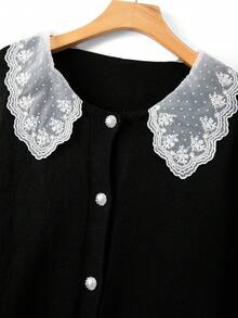 GlowEve CURVE Plus Size Casual Contrast Color Lace Collar Button Long Sleeve Cardigan Winter - Black - View 3