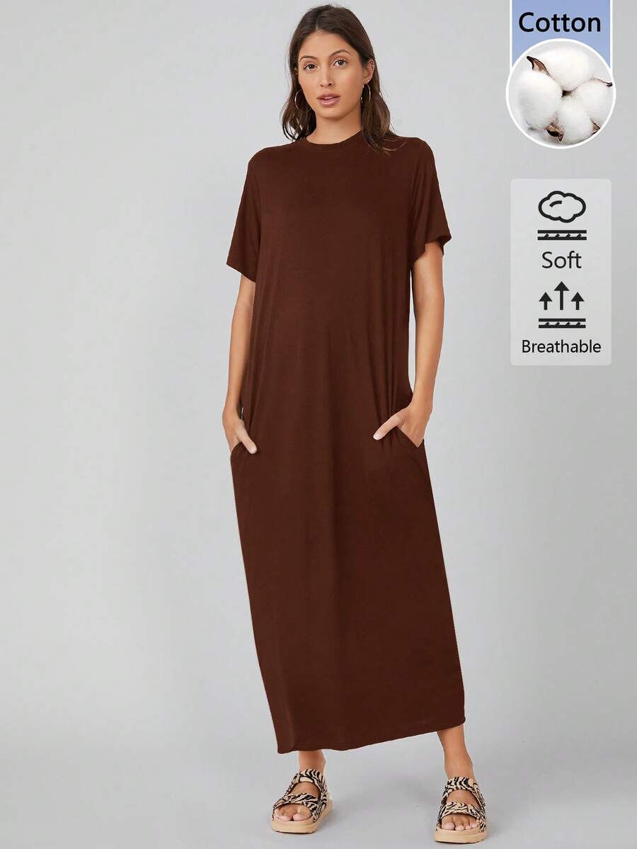 SHEIN BASICS 女款純色圓領短袖口袋休閒基礎長洋裝,深棕色,適合夏季日間居家、夜晚、度假旅行、辦公及日常穿著 - 咖啡棕 - 查看 1