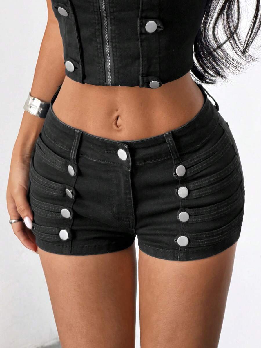 SHEIN Women's Sexy Street Style Double-Breasted Denim Shorts - Black - View 1