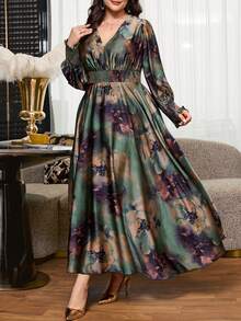 SHEIN Clasi Plus Size Floral Print Shirred Waist Shirred Vacation Dress - Green - View 1