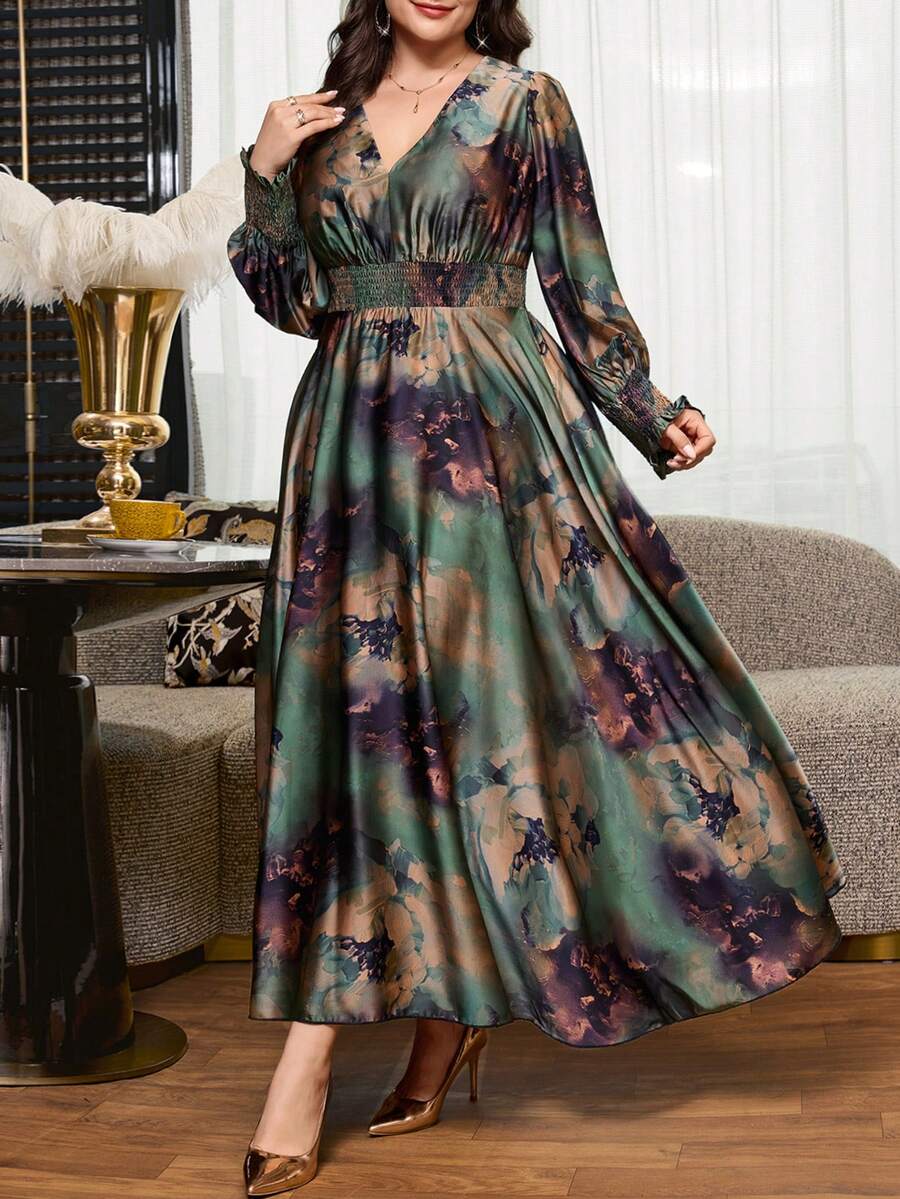SHEIN Clasi Plus Size Floral Print Shirred Waist Shirred Vacation Dress - Green - View 1
