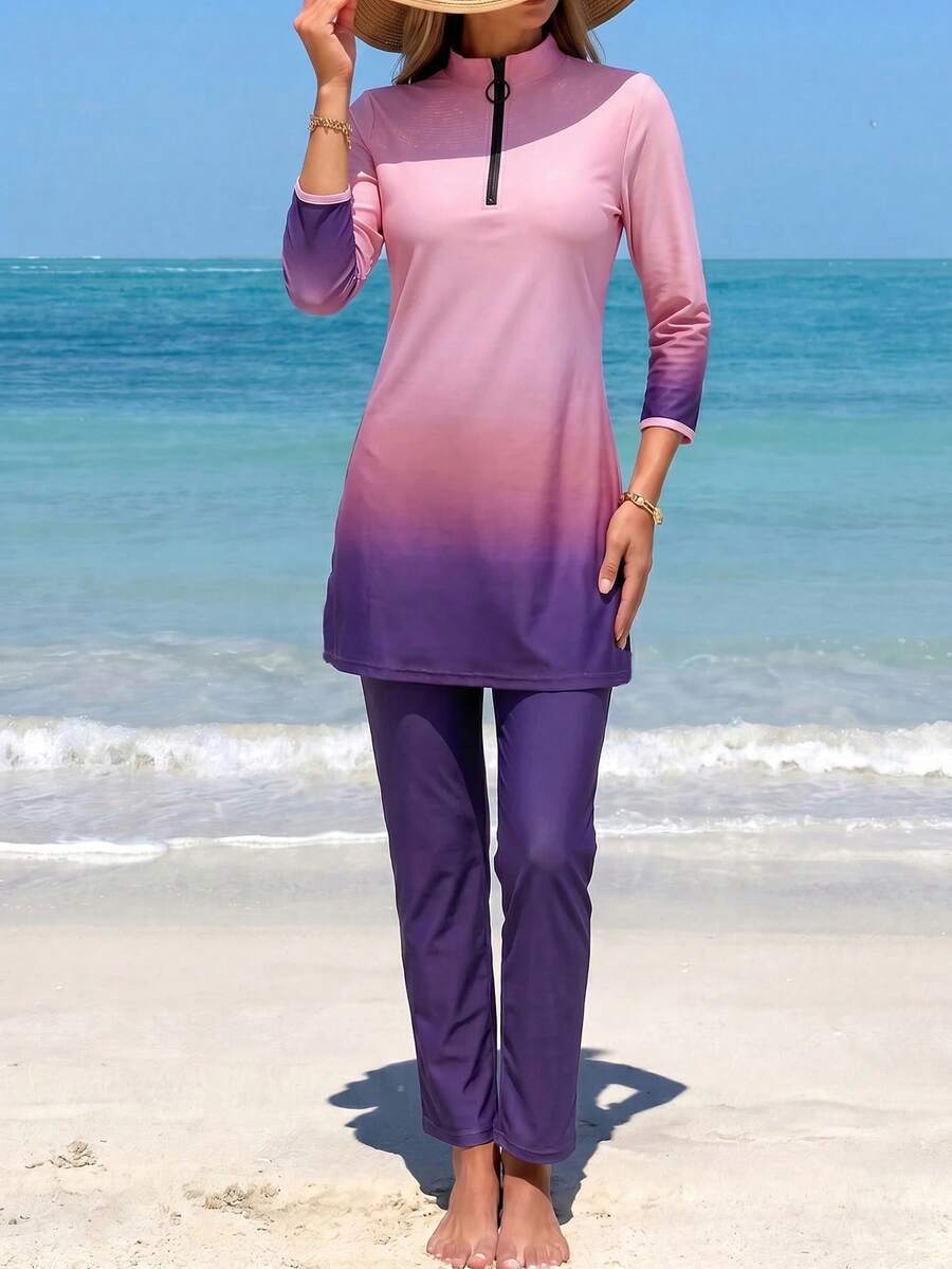 Swim Shayni 26SS Spring/Summer Vacation Exquisite Elegant Modest Conservative Pink Torquoise Elegant Swimsuit Burkini 2 Pieces Set Beach - Multicolor - View 1