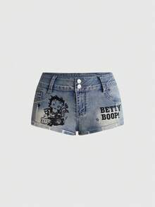 Betty Boop | ROMWE 春夏 Y2K 可愛復古機車印花超低腰迷你牛仔短褲 藍色 夜店風 - 淺藍色 - 查看 5