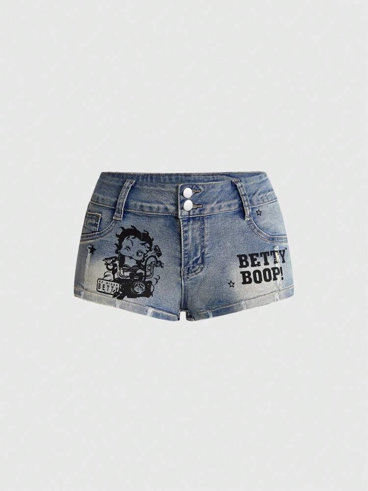 Betty Boop | ROMWE Spring Summer Y2K Cute Vintage Motorcycle Print Ultra Low Waist Mini Denim Shorts Clubbing Blue - Baby Blue - View 5