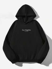 SHEIN EZwear 黑色休閒極簡印花連帽長袖寬鬆加厚女款衛衣，休閒極簡日常百搭派對聚會機場 Y2K 上衣，印花圖案，夏季，戶外 - 黑色 - 查看 3