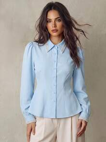 Franclia Damen Mode Perlen Schleife Dekor V-Ausschnitt Falten Taille Langarm Bluse - Blau - Übersicht 1
