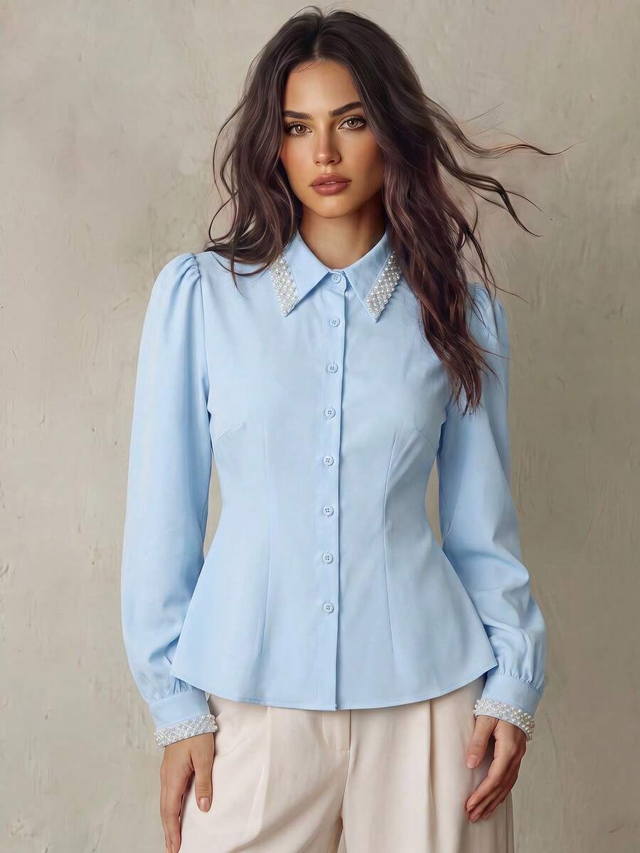 Franclia Damen Mode Perlen Schleife Dekor V-Ausschnitt Falten Taille Langarm Bluse - Blau - Übersicht 1