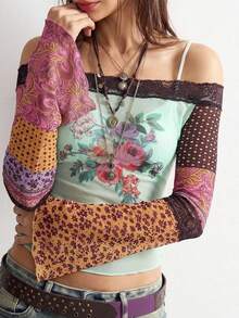 Bohemela 女款花卉印花對比蕾絲露肩喇叭袖時尚上衣 - 彩色 - 查看 2