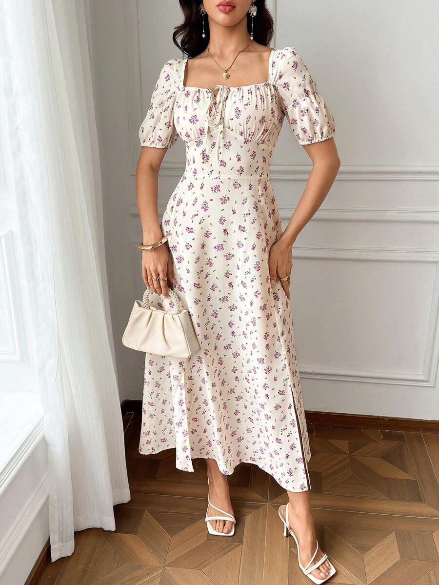 Modelyn Women's Square Neck Ditsy Floral Slit Holiday Summer Short Sleeve Dress Long Evening Dresses - Apricot - View 1
