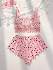 PetitDoll 2pcs Women Lace Patchwork Bra Set - Pink - View 2