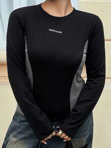 Dazy Plus Letter Print Colorblock Slim Fit Long Sleeve Casual Street Style Spring Autumn T-Shirt - Black - View 8
