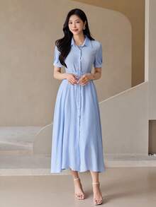 DAZY Spring Summer Autumn Short Sleeve Striped Shirt Dress Women's New Waist-Cinching Dress - Blue - View 3