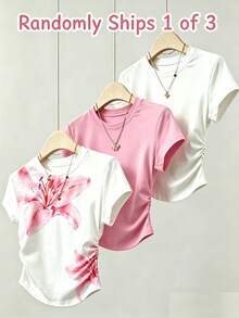 SHEIN 少女收腰短袖T恤盲盒 3合1隨機發貨 粉色大百合花印花短袖T恤 白色粉色 適合外出街頭日常基礎百搭 春夏秋冬四季皆宜 - 彩色 - 查看 1