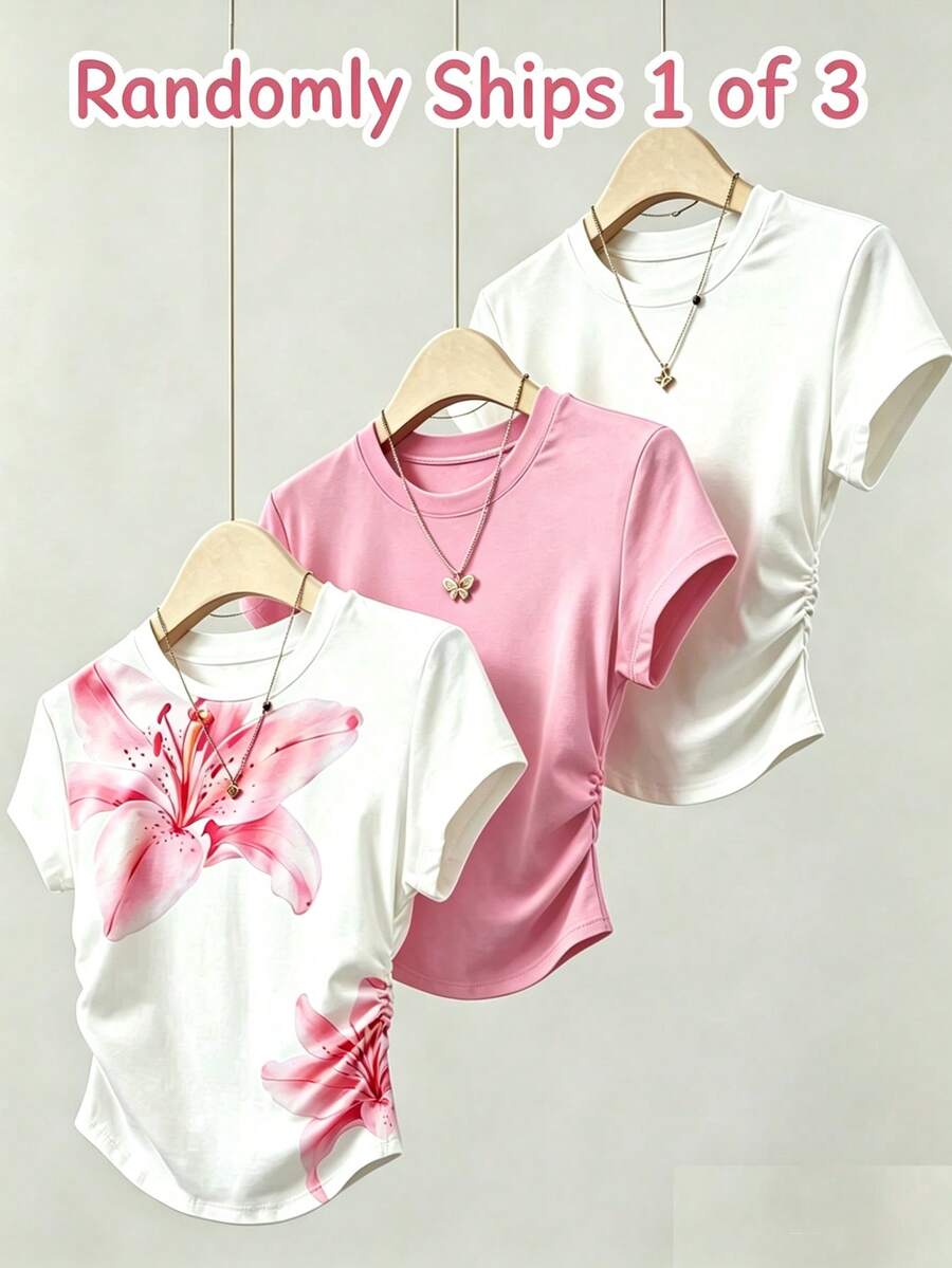 SHEIN 少女收腰短袖T恤盲盒 3合1隨機發貨 粉色大百合花印花短袖T恤 白色粉色 適合外出街頭日常基礎百搭 春夏秋冬四季皆宜 - 彩色 - 查看 1