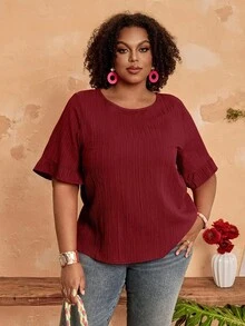 BrightlyHer Blusa de mangas cortas con volantes en el bajo, de talla grande, de estilo sencillo y de moda casual para uso diario y vacaciones, para mujer, primavera/verano - Burdeos - Ver 4