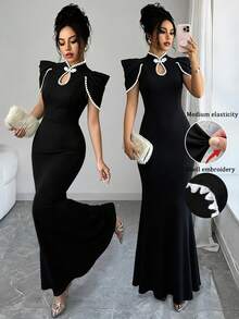 Elenzga Women's Embroidered Fashion Versatile Frog Button Fishtail Hem Dress - Black - View 1