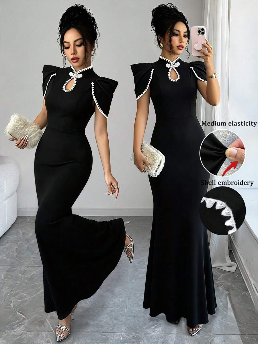 Elenzga Women's Embroidered Fashion Versatile Frog Button Fishtail Hem Dress - Black - View 1