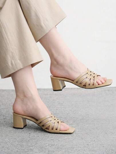 CUCCOO BIZCHIC Sandalias de tacón alto para mujer color caqui con parte superior hueca, sandalias de tacón alto con punta cuadrada cómodas, sandalias estilo de oficina