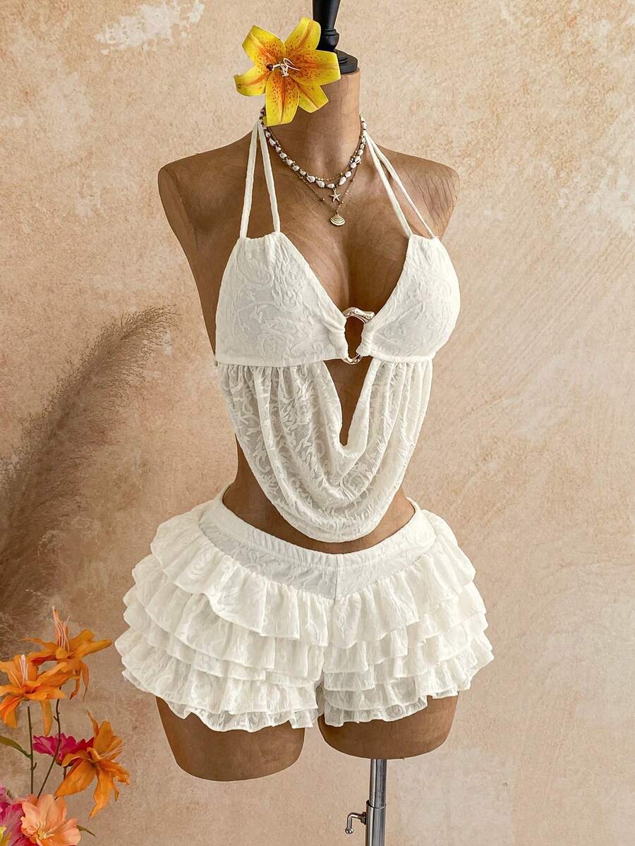 Soleia Women's Vacation Cowl Neck Halter Tank Top And Ruffle Skirts Fashion 2-Piece Set ,Summer, Fall Clothes, Winter, Festival Outfits For Women Party Beach - Apricot - View 1