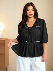 Edennvi Plus Size Women's Black And White V-Neck Pearl Ruched Doll Blouse, 3/4 Petal Sleeve Tie Loose Fit Flattering Belly-Covering Top, Soft Slimming Blouse - Black - View 1