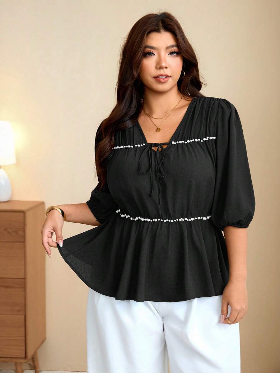 Edennvi Plus Size Women's Black And White V-Neck Pearl Ruched Doll Blouse, 3/4 Petal Sleeve Tie Loose Fit Flattering Belly-Covering Top, Soft Slimming Blouse - Black - View 1