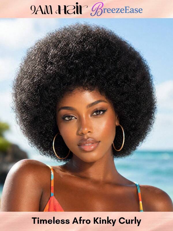 Fluffy Afro Kinky Curly Wig Human Hair Glueless Install With Bangs Natural Black Color For Women(Men), Fluffy Curl Pixie Cut Wig Human Hair, None Lace Wigs Human Hair Wear & Go For Beginner Friendly 9AM Hair 70s 80s Cosplay Y2K Ss26