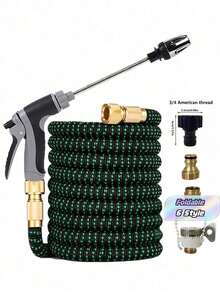 7pcs High Pressure Expandable Car Wash Water Hose With Adjustable Spray Nozzle Garden Hose Set, Universal For Europe And US - Black green - View 1