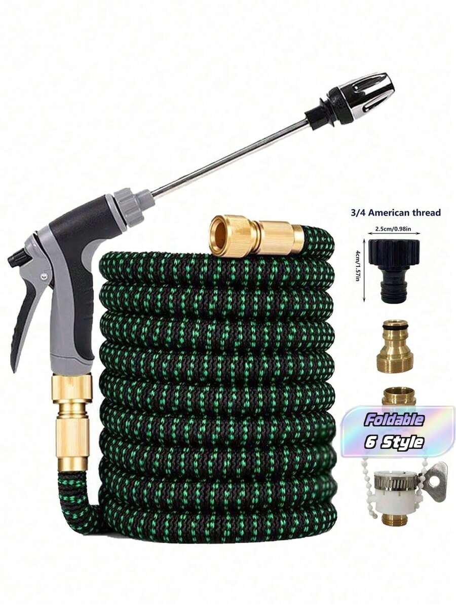 7pcs High Pressure Expandable Car Wash Water Hose With Adjustable Spray Nozzle Garden Hose Set, Universal For Europe And US - Black green - View 1
