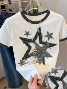 青少年女孩夏季休閒星星標語印花T恤搖滾風上衣圖案星星T恤 - 彩色 - 查看 1