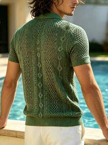 TONEVAULT Men's Hollow Design Short Sleeve Polo Collar T-Shirt - Army Green - View 5