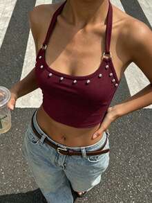 INAWLY Solva 夏季休閒串珠裝飾露背掛脖上衣 - 紅色 - 查看 8