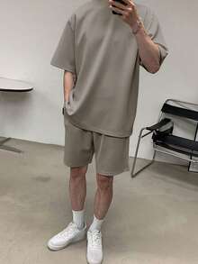 DAZY 男士休闲简约夏季纯色 T 恤和短裤 2 件套，舒适服装 - 灰色 - 查看 4