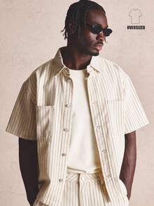 Musero Striped Oversized Short Sleeve Button Up Shirt Square Patch Front Pockets Spring Co-Ord Shirt Only - Black and White - View 1