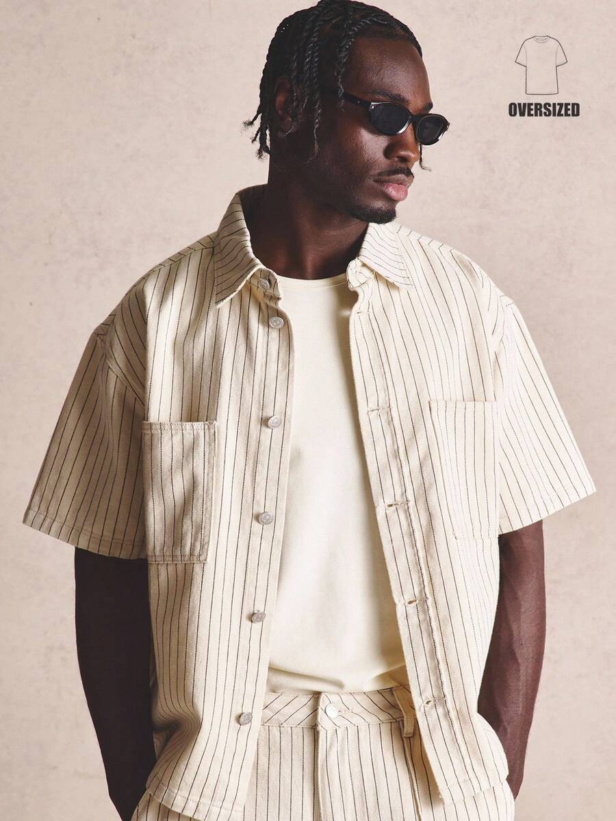 Musero Striped Oversized Short Sleeve Button Up Shirt Square Patch Front Pockets Spring Co-Ord Shirt Only - Black and White - View 1
