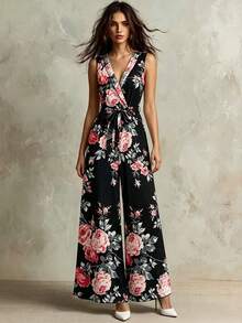 SHEIN Franclia 女士夏季印花连体裤，阔腿设计，收腰剪裁，优雅时尚；树叶印花连体裤；优雅阔腿连体裤；优雅女士印花连体裤；优雅印花连体裤；无肩带印花连体裤 - 黑色 - 查看 1