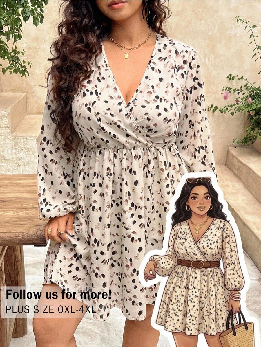SHEIN Frenchy Plus Size Dress, Plus Size Waist-Cinching Dress, Small A-Line Dress, Ditsy Floral Dress, V-Neck Long Sleeve Mini Dress Fall/Winter Vacation Dress