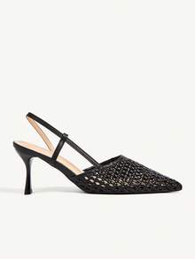 CUCCOO CHICEST Women's Black Woven Hollow Pointed Toe Stiletto Heel Slingback High Heel Pumps, Vintage Commute Office Date - Black - View 5