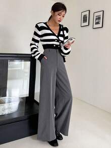 Dazy Tall Women's High Waist Loose Wide Leg Casual Trousers - Grey - View 6
