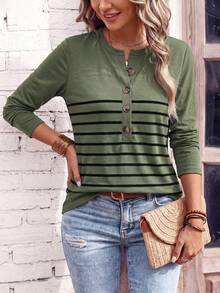 SHEIN LUNE Camiseta casual de mujer de manga larga con botones y media cartera a rayas - Multicolor - Ver 5