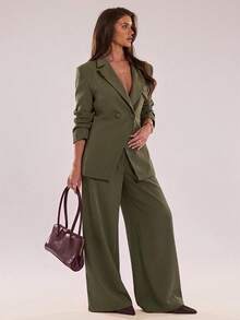 SHEIN BAE Women's Solid Color Button Long Sleeve Blazer And Loose Casual Suit Pants Set - Army Green - View 3