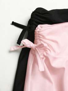 SHEIN 青少年女孩黑色與粉色2件套休閒極簡風抓皺腰A字裙搭配內搭褲，演唱會穿搭 - 彩色 - 查看 4
