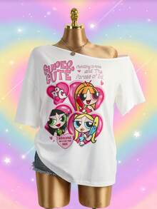 THE POWERPUFF GIRLS X SHEIN Women's Letter Cartoon Print Asymmetric Shoulder T-Shirt - White - View 3